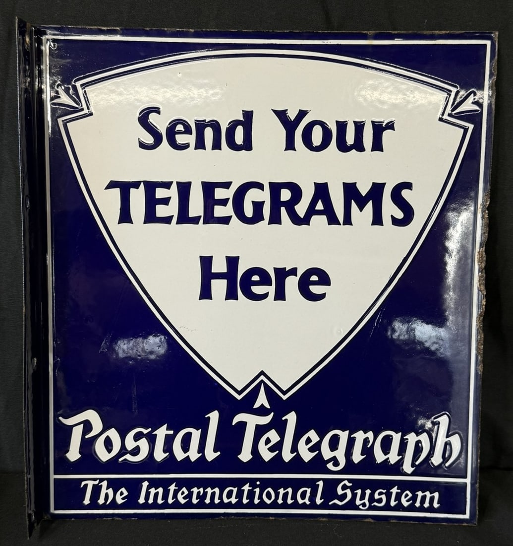 Send Telegrams Here Postal Telegraph Porcelain Flange Sign: Incredible gloss and shine. 14" wide x 15.5" tall - light edge wear and rust as shown.