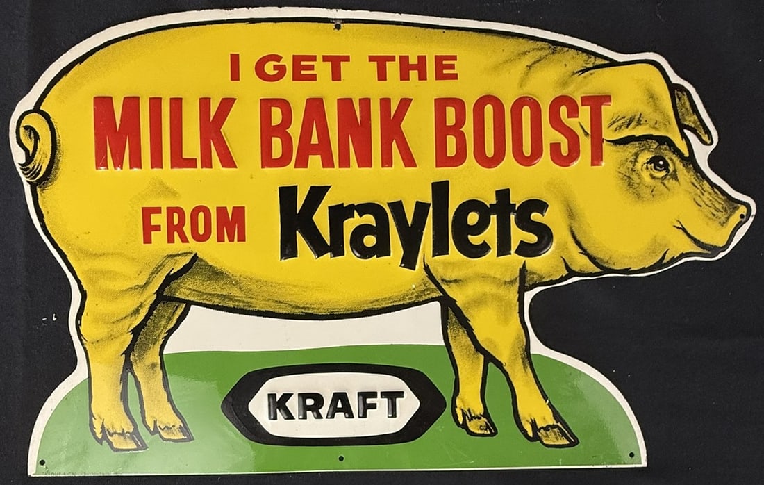 Milk Bank Boost Kraylets Kraft Diecut SST Tin Metal Pig Sign (1 of 9)