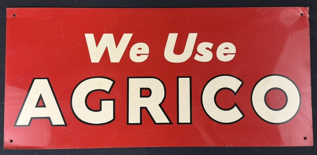 We Use Agrico SST Tin Painted Metal Farm Advertising Sign: 19.5" x 9"