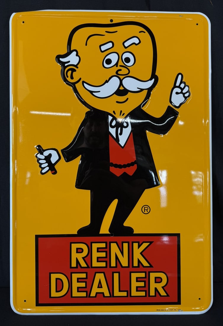 Renk Dealer SST Embossed Corn Farm Advertising Sign: 27" tall x 18" wide - marked "press sign co"