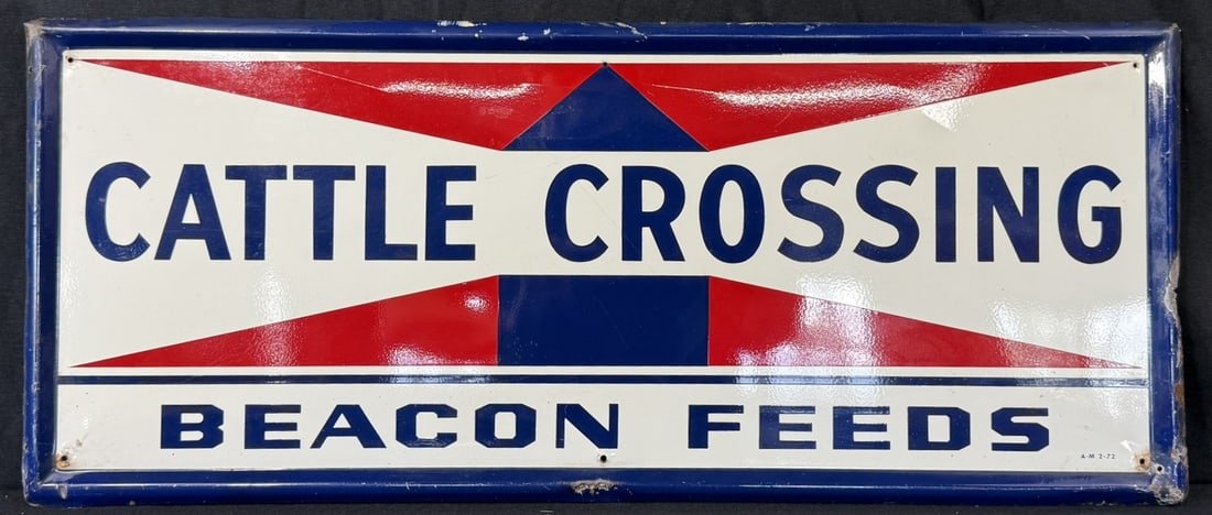 Beacon Feeds Cattle Crossing SST Tin Metal Farm Sign: Marked AM 2-72. Measures 27.5" x 11.5" - incredible repurposed back as shown depicting DENVER GOLD.