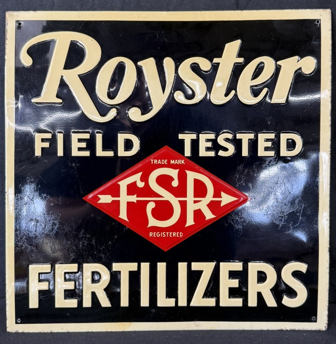 Royster Field Tested Fertilizers SST Tin Metal Farm Sign NOS: 16" x 16" - appears NOS w/ rice paper residue - see all photos