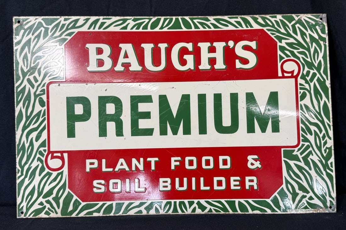 Baugh's Premium Plant Food Soil Builder SST Metal Farm Sign: Marked A-M Sign Co Lynchburg VA 11-54 - measures 22" x 14"