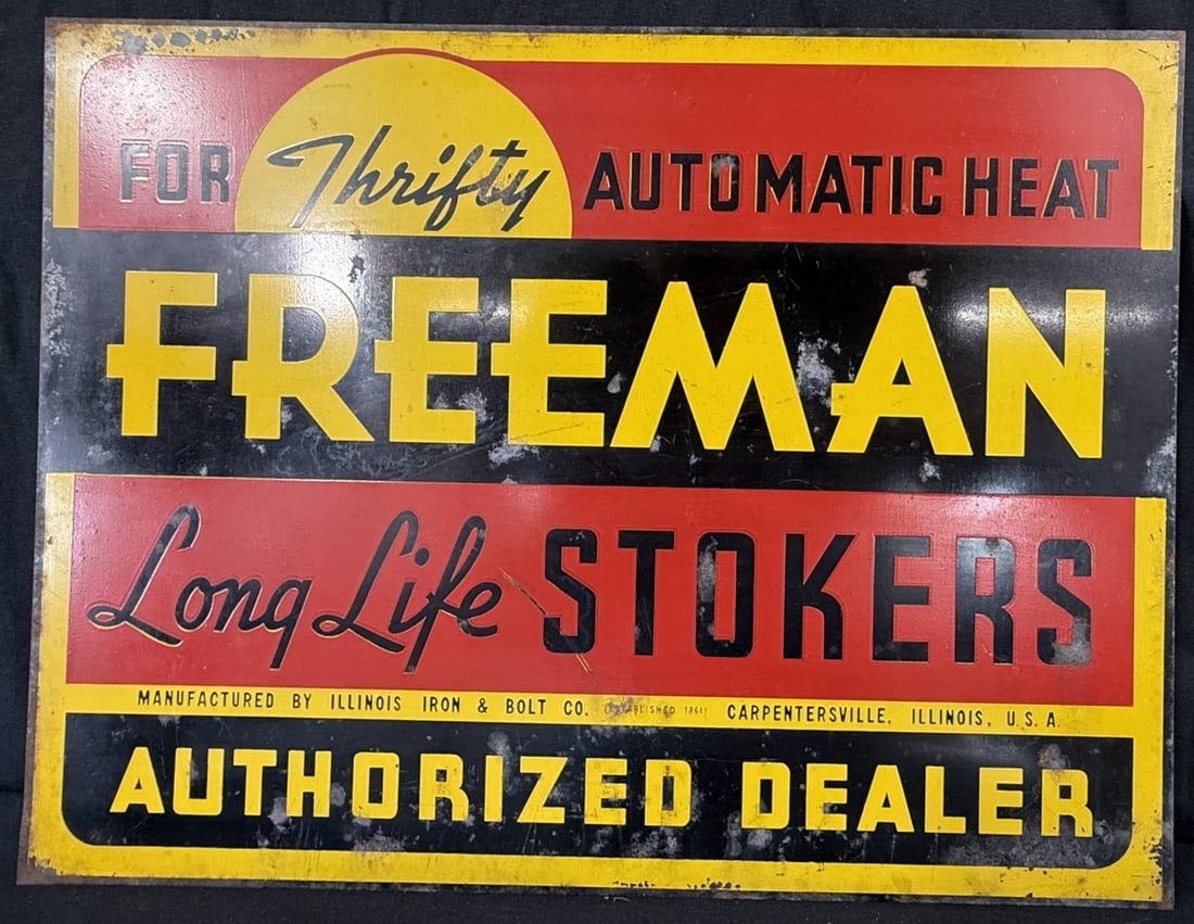 Freeman Long Life Stokers Authorized Dealer Tin Litho Sign: 18.75" x 14"