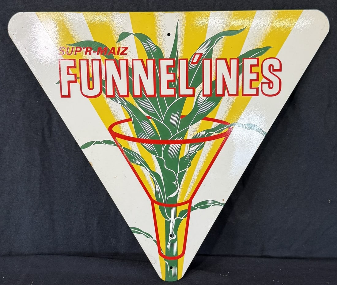 Funnel-ines Sup'r Maiz SST Triangular Corn Advertising Sign: Excellent original condition. 18.5" x 16" roughly - appears NOS and or minimal use!
