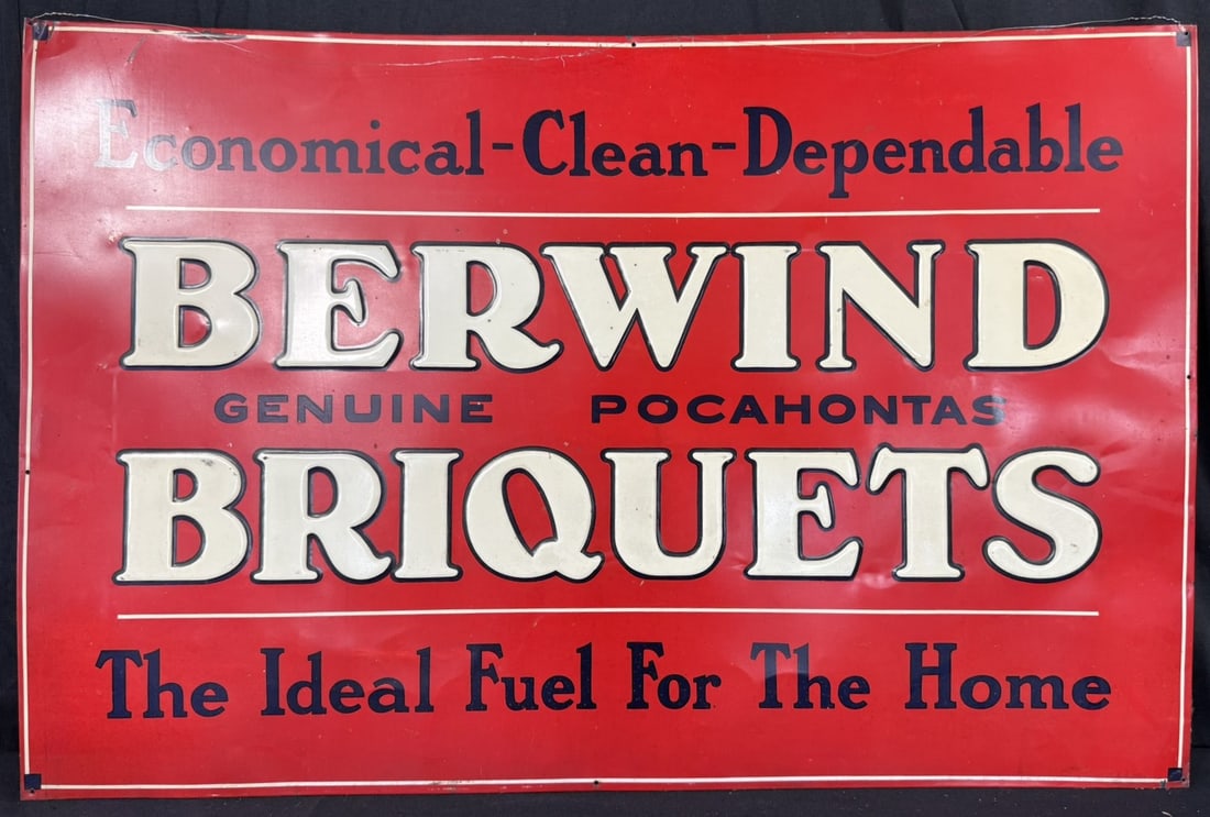 Berwind Briquets Genuine Pocahontas SST Tin Embossed Sign: 35" x 23"
