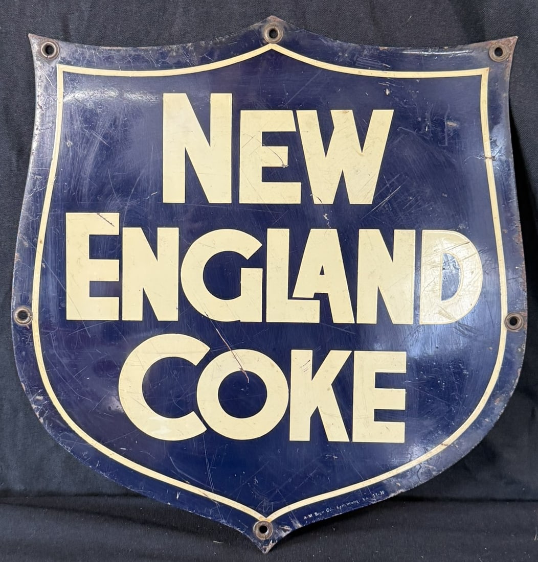 1938 New England Coke SST Diecut Shield Painted Metal Sign: Marked A-M Sign Co Lynchburg VA 11-38