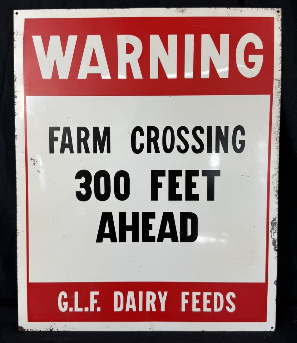 Warning Farm Crossing 300 Feet Ahead GLF Dairy Feeds SST Sign: 15" wide - see all photos