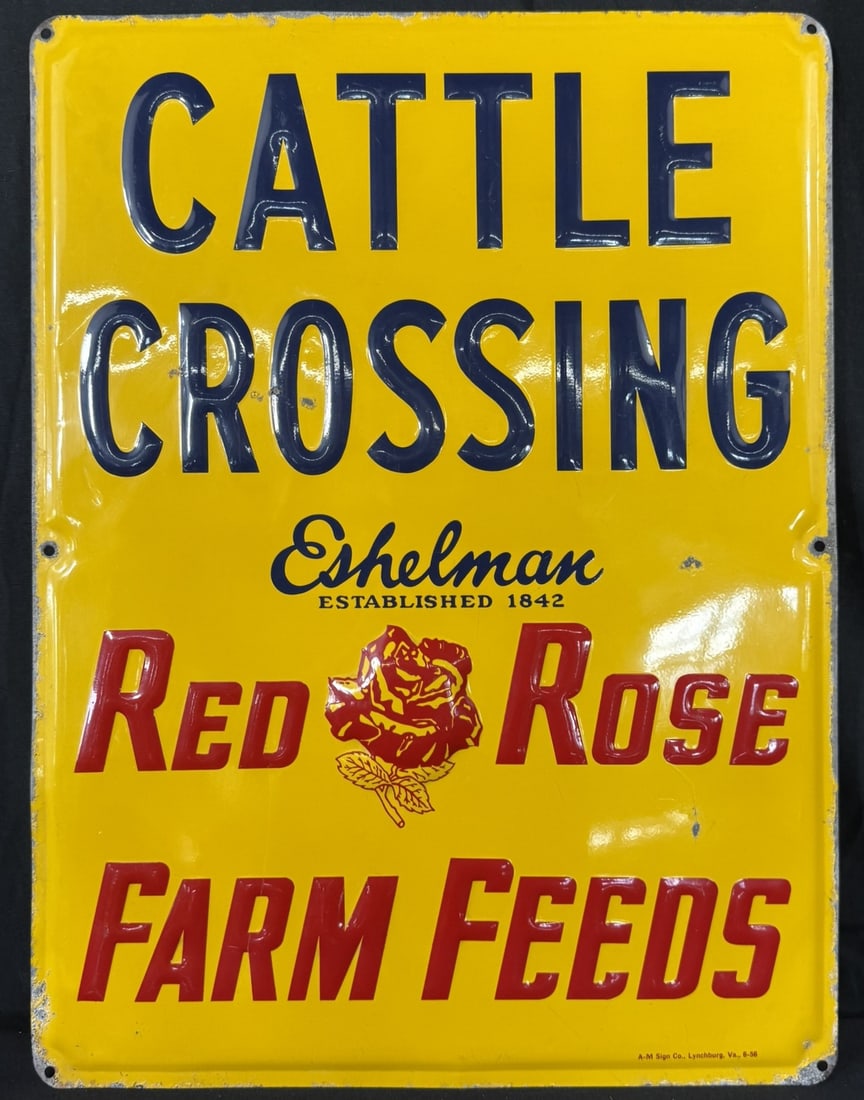 Cattle Crossing Red Rose Farm Feeds Eshelman Embossed Sign: 24" x 18"
