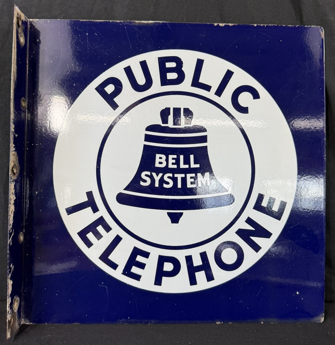 Public Telephone Bell DSP Porcelain Flange Advertising Sign: 18" x 18"
