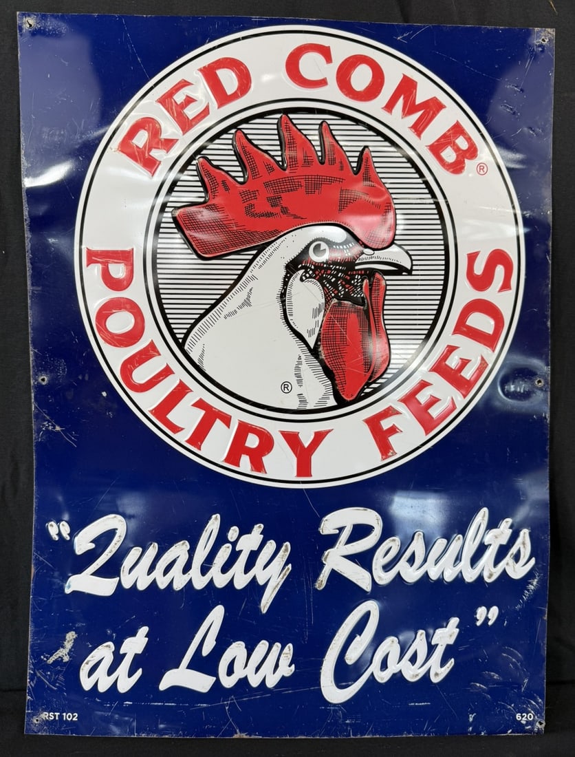 Red Comb Poultry Feeds SST Embossed Farm Advertising Sign: 26.5" x 19.5" roughly - marked 620 bottom right and rst 102 on bottom left