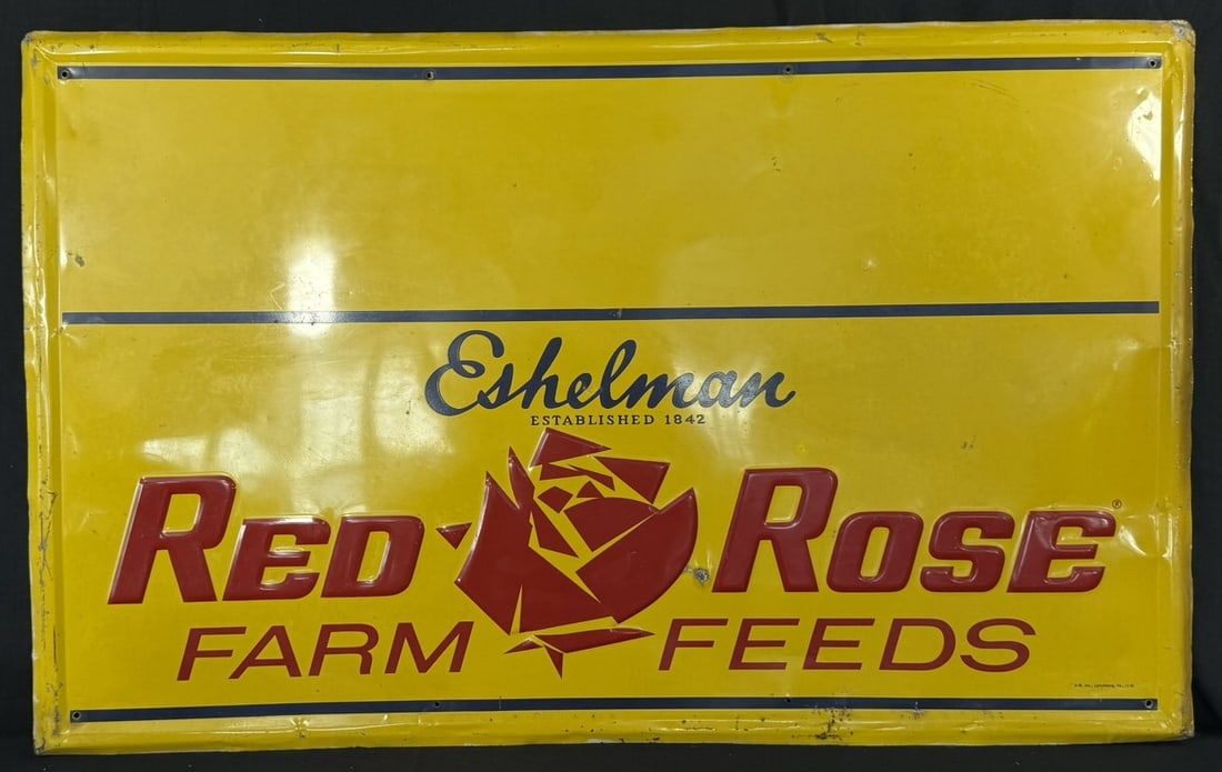 Red Rose Farm Feeds by Eshelman SST Tin Embossed Farm Sign: A-M Lynchburg, VA 11-65 - measures 29.45" x 47.5"