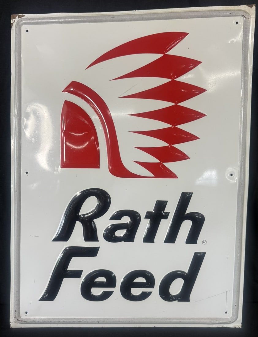 Rath Feed SST Tin Embossed Metal Advertising Sign w/ Indian: 24" x 18"