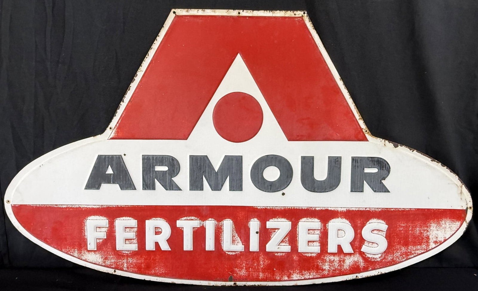 1953 Armour Fertilizer SST Tin Embossed Diecut Farm Sign: 39" x 23" overall - marked A-M Sign Co Lynchburg VA 11-53