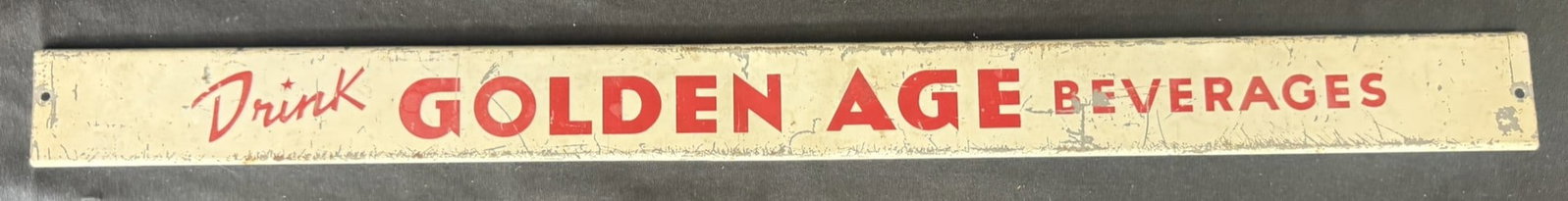 Drink Golden Age Beverages SST Tin Soda Pop Rack Topper Sign: 26" wide