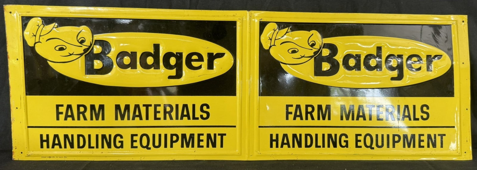 NOS Badger Farm Materials SST Tin Embossed Folding Sign: 35" x 11.5" - appears unused and unfolded.