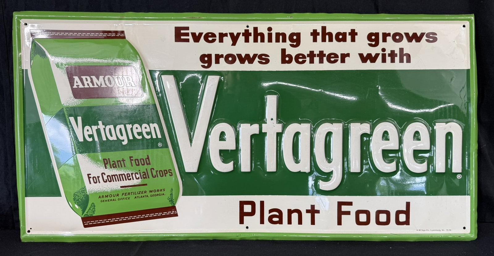 1954 Vertagreen by Armour SST Tin Embossed Plant Food Sign: 35.5" x 17.5"