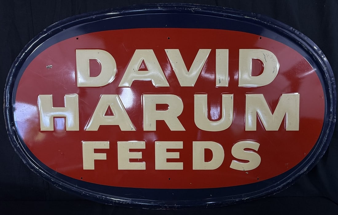 David Harum Feeds Tin Embossed Oval Advertising Farm Sign: TAC #062908 - 47" wide x 23.5" tall overall