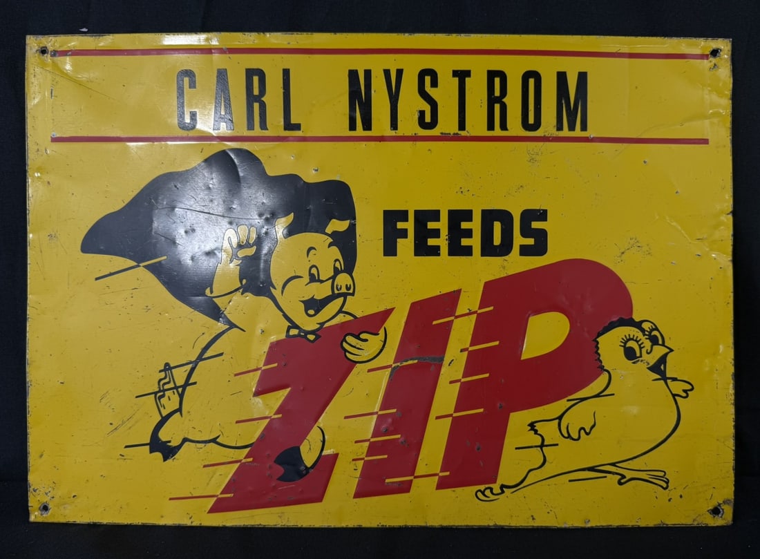 Feeds ZIP Carl Nystrom SST Painted Metal Pig Chicken Sign: 19.5" x 13.5" roughly