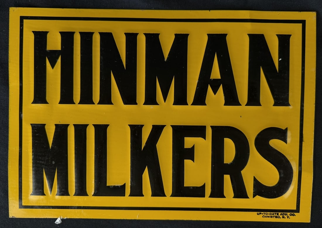 Hinman Milkers SST Tin Embossed Dairy Farm Advertising Sign: 14" x 9.75"
