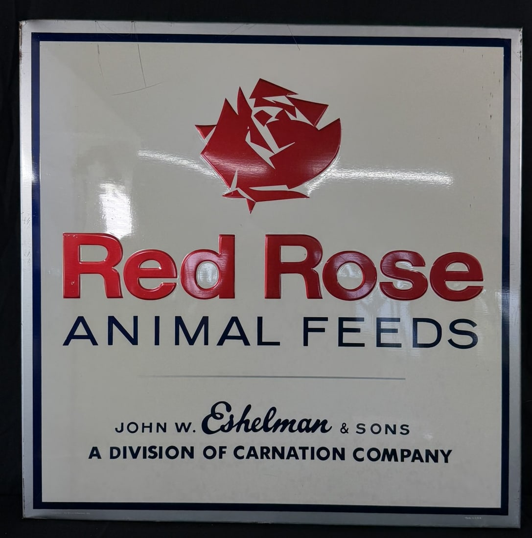 Red Rose Animal Feeds by Eshelman SST Tin Embossed Sign: 29.5" x 29.5" overall - marked made by Stout