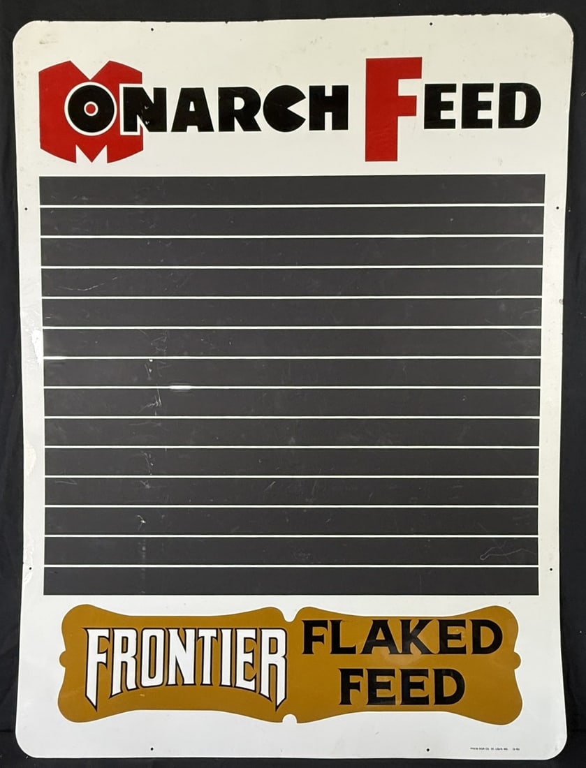 Monarch Feed Frontier Flaked SST Tin Chalkboard Farm Sign: 36" wide x 48" tall