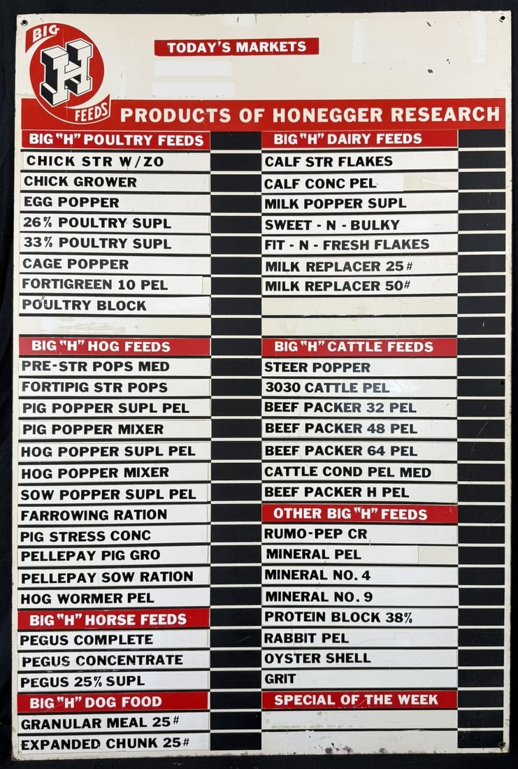 Big H Feeds Honegger SST Painted Tin Metal Feed Mill Sign: 36" tall x 24" wide