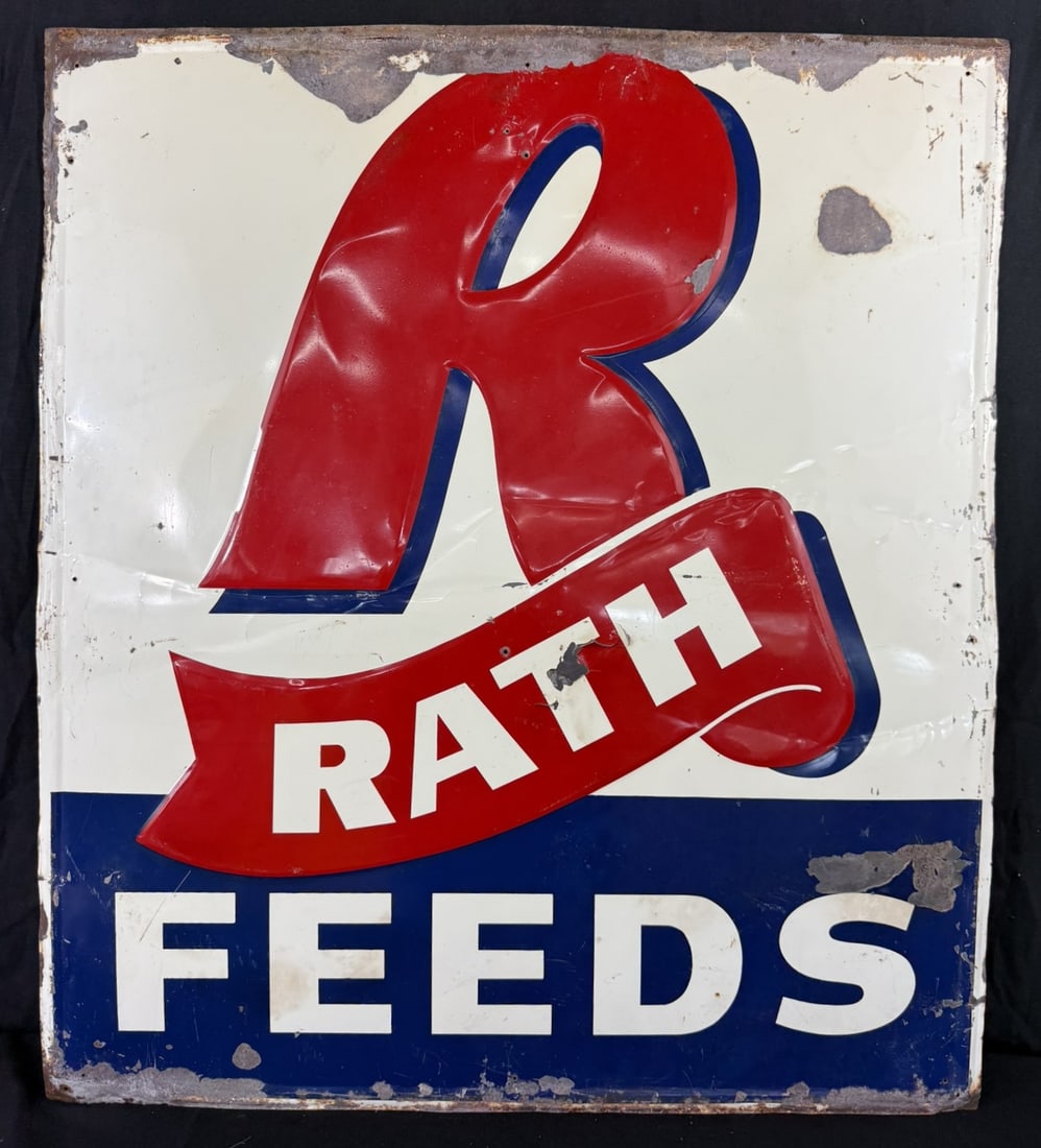 Rath Feeds Red White Blue Embossed Metal Farm Sign: 32" x 36" overall