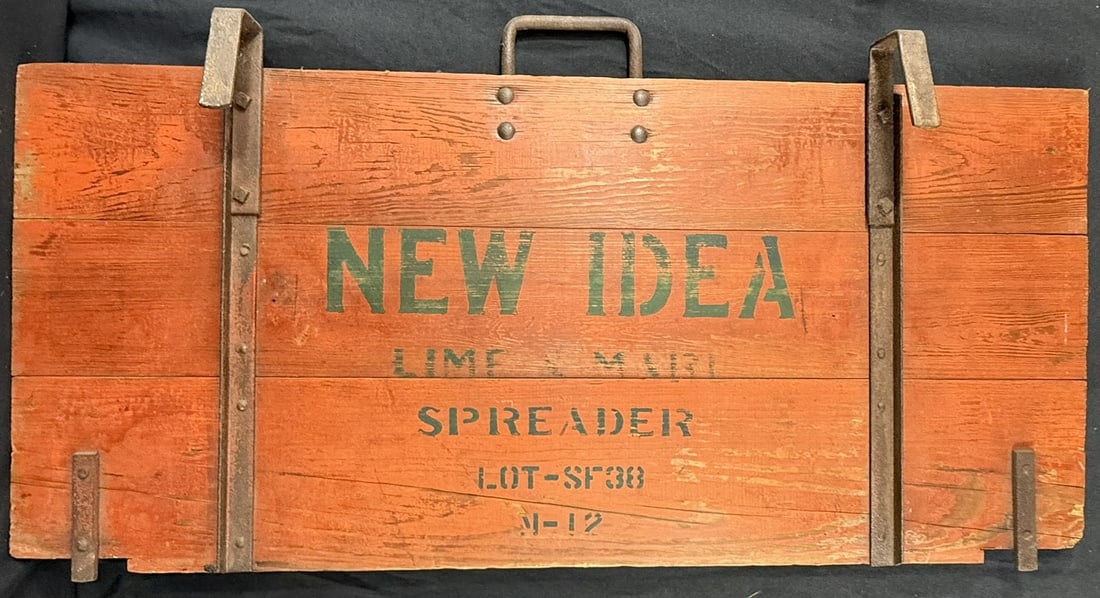 Antique New Idea Lime Spreader Wooden Farm Equipment Sign: Measures about 19" x 39" - great original pumpkin paint.