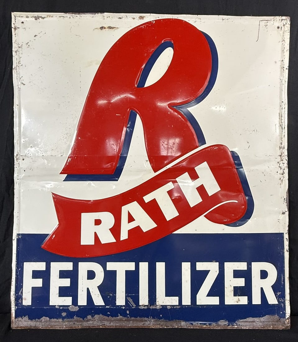 Rath Feeds Red White Blue Embossed Metal Farm Sign: 32" x 36" overall