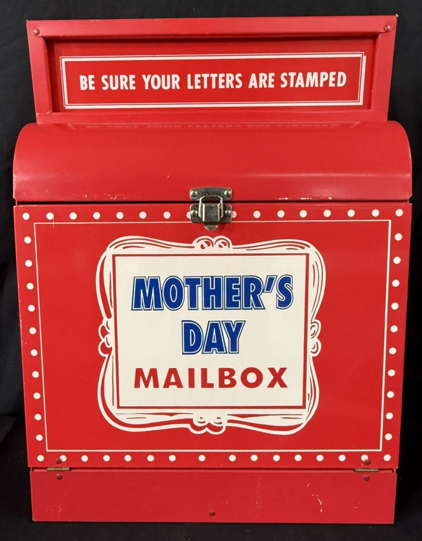 Mothers Day Mailbox Original Painted Metal Store Advertising: 13" wide x 8" deep x 17" tall overall