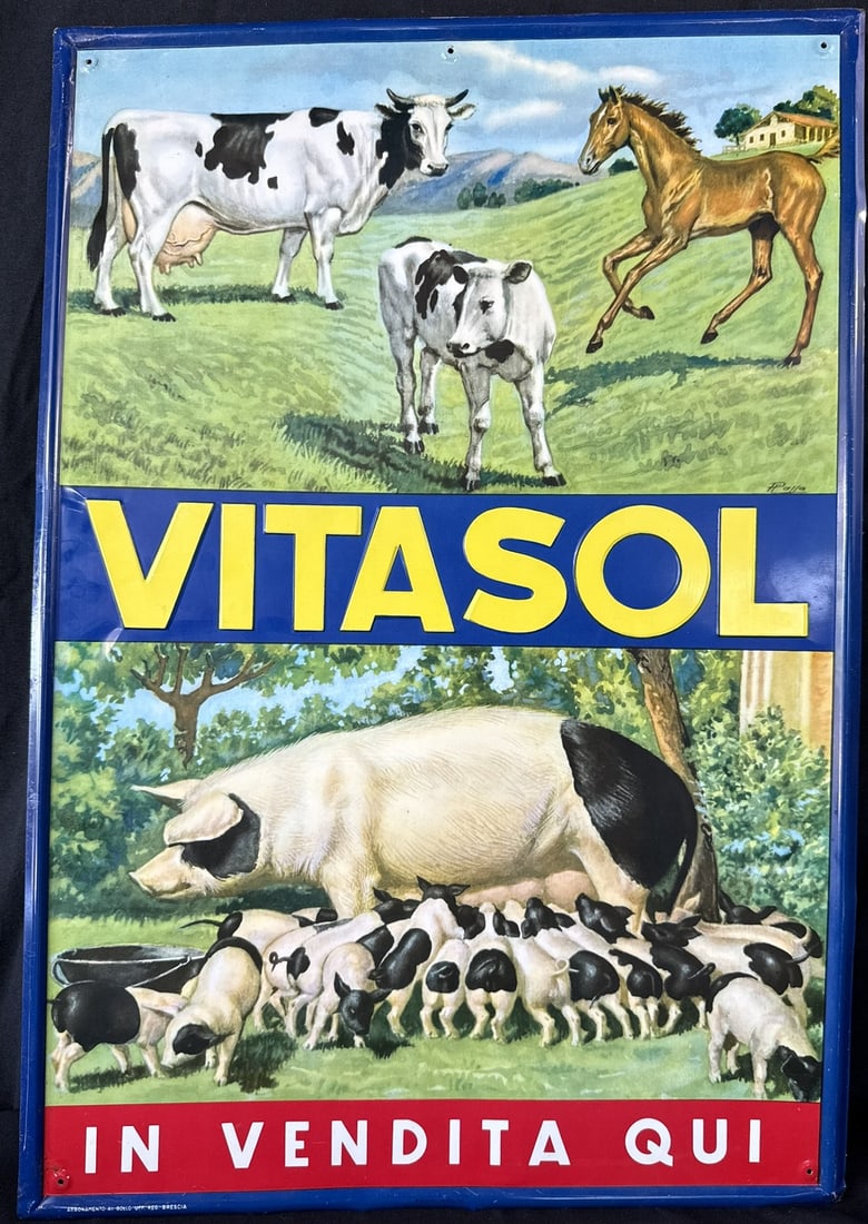 Vitasol SST Self Framed Embossed Farm Sign Pigs Cows Horse: Great original self framed foreign sign. Measures 19" x 27.5" - excellent condition.