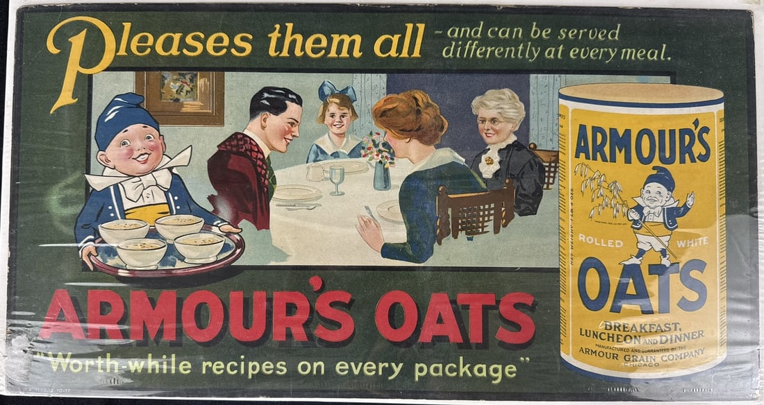 Rare 1917 Armour's Oats Pleases Them All Cardboard Sign: 21" x 10" roughly - extremely amazing eye appeal - shrink wrapped to board as shown