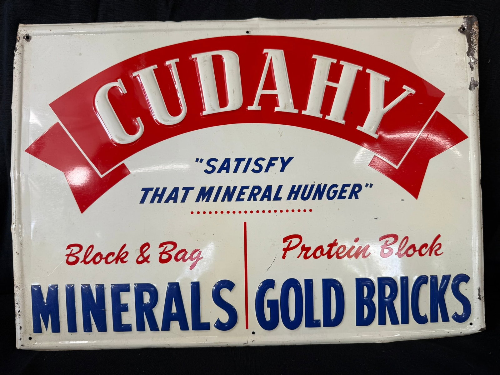 Cudahy Minerals Gold Bricks SST Tin Embossed Farm Sign: Roughly 20" wide x 14" tall