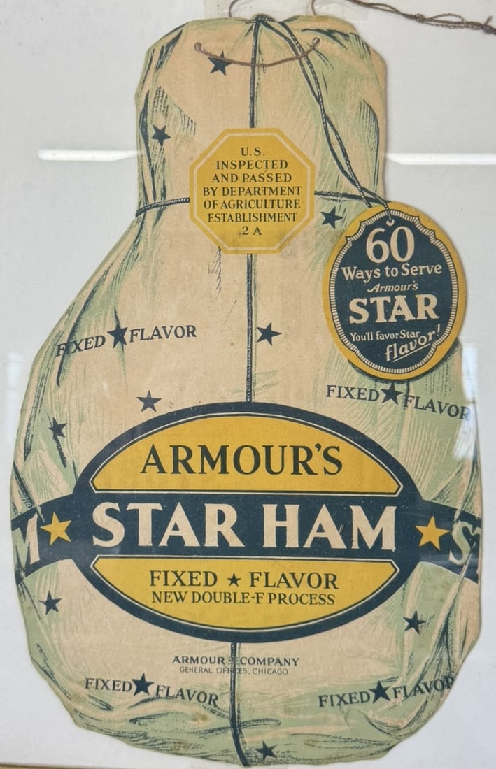 Armour's Star Ham Diecut 20s Cardboard Ham Advertising Sign: Frame is 15" tall x 12.75" wide - overall about 13" tall