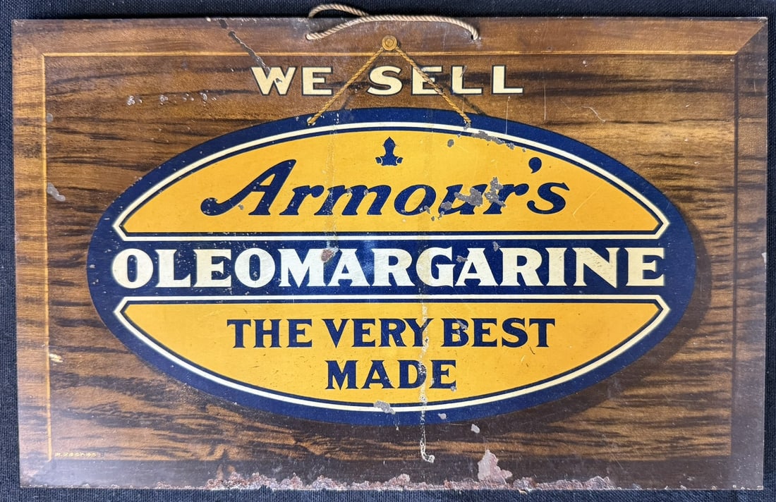 We Sell Armour's Oleomargarine Tin Over Cardboard Sign: 10.75" x 6.5"