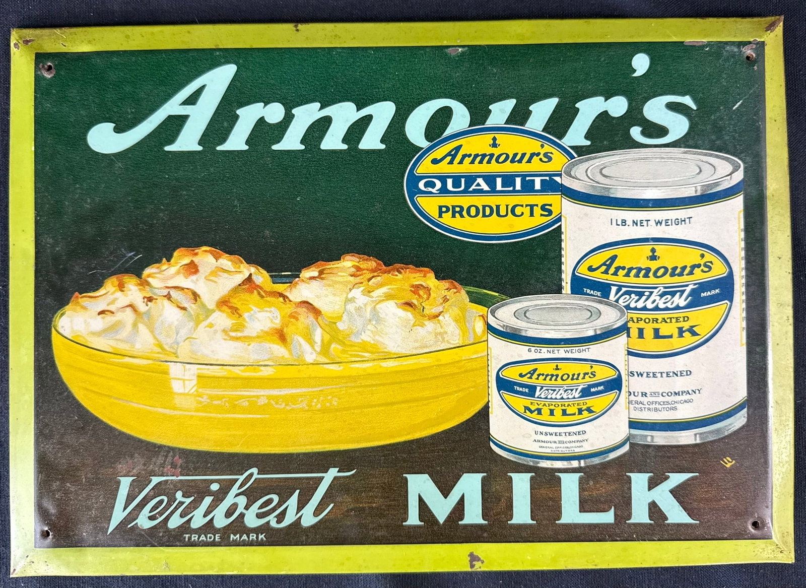 Armour's Veribest Evaporated Milk Tin Over Cardboard Sign: Measures roughly 13" x 9" - original label on back as shown.