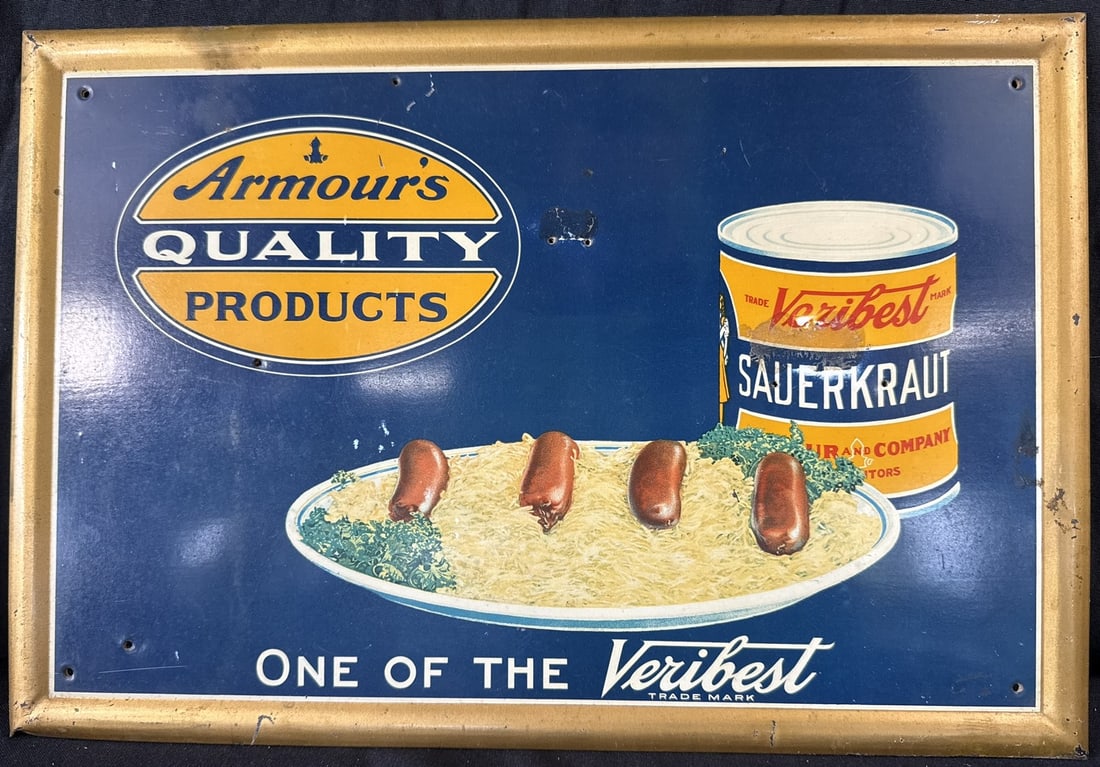 Armour's Veribest Sauerkraut Tin Over Cardboard 1920s Sign: Measures 19" x 13" - original label applied on back of cardboard as shown.
