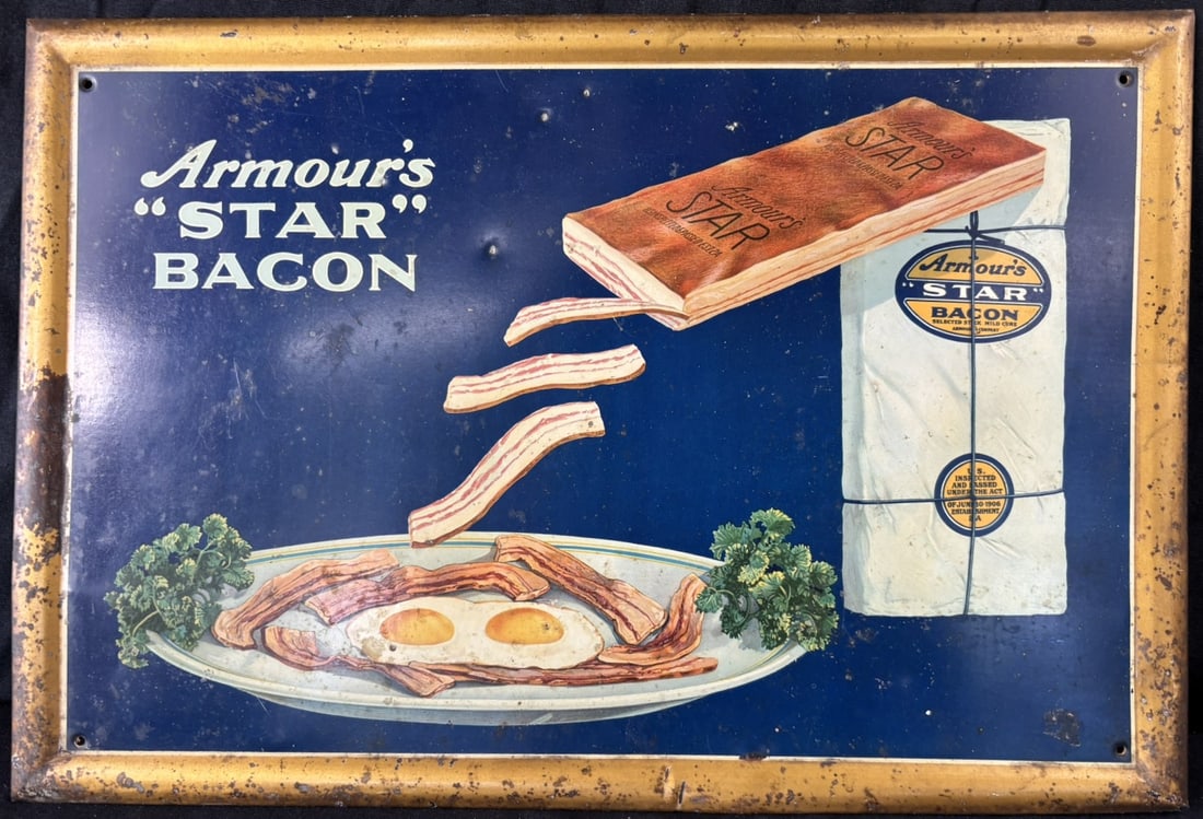 Armour's Star Bacon TOC Tin Over Cardboard Store Sign: Measures roughly 19" x 13" - original label on back as shown.