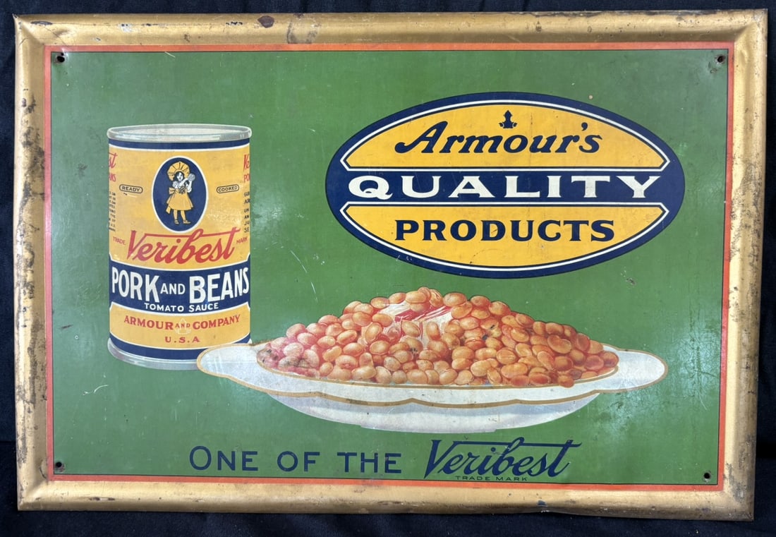 Armour's Veribest Pork & Beans TOC Tin Cardboard Store Sign: Measures roughly 19" x 13"