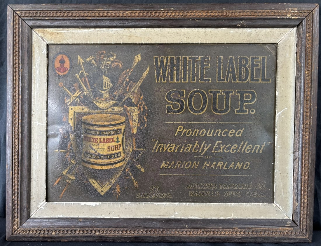Rare Armour White Label Soup Tin Framed 1890s Store Sign: Talk about a rarity! Great original late 1890s advertising sign for Armour. Frame measures 26" x 20"