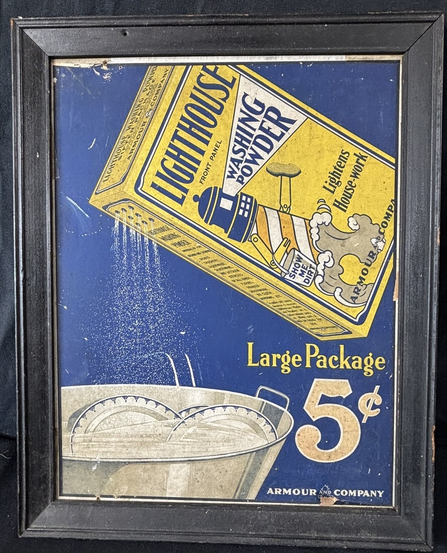 Lighthouse Washing Powder 5 Cent Cardboard Armour Sign: Frame measures 12.5" wide x 15.5" tall