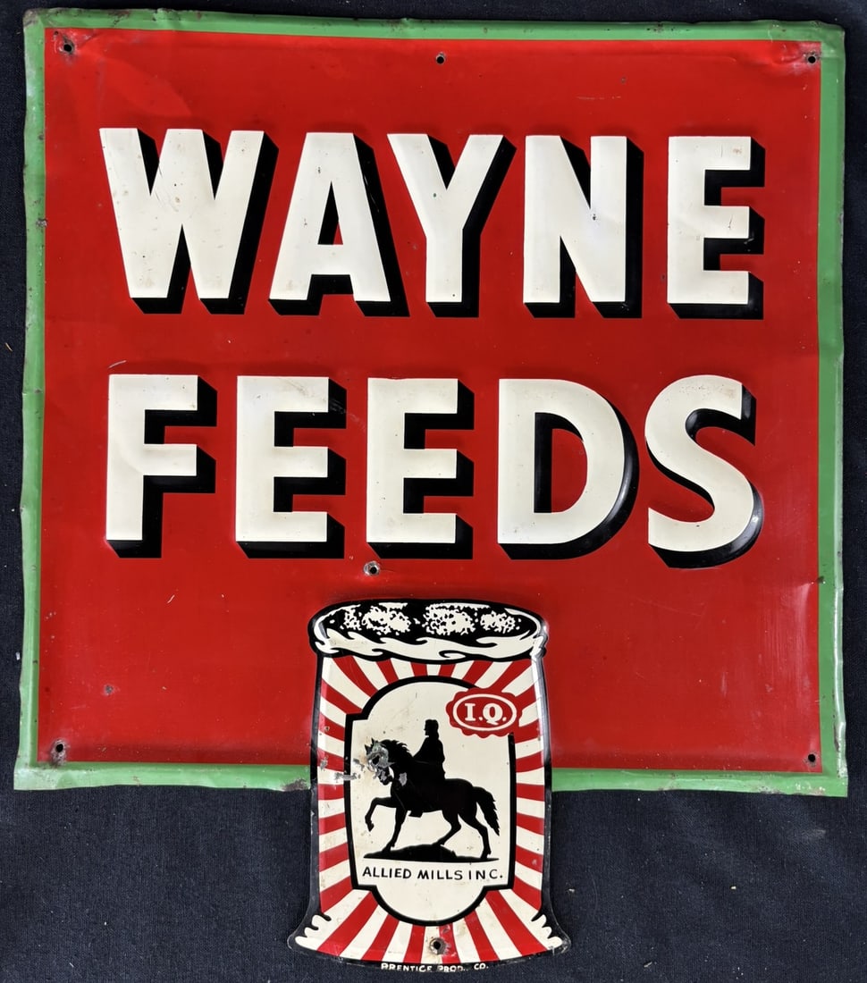 Wayne Feeds SST Tin Embossed Farm Advertising Sign: Roughly 14" wide x 16" tall