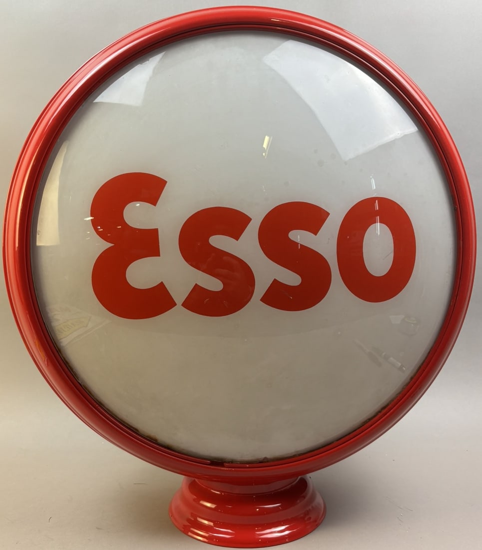 Esso 16.5" Gas Pump Red Repainted Metal Globe: Great original lenses. One star chip as seen at the top of one lens. Body appears to be a new high profile with a nice new paint job.