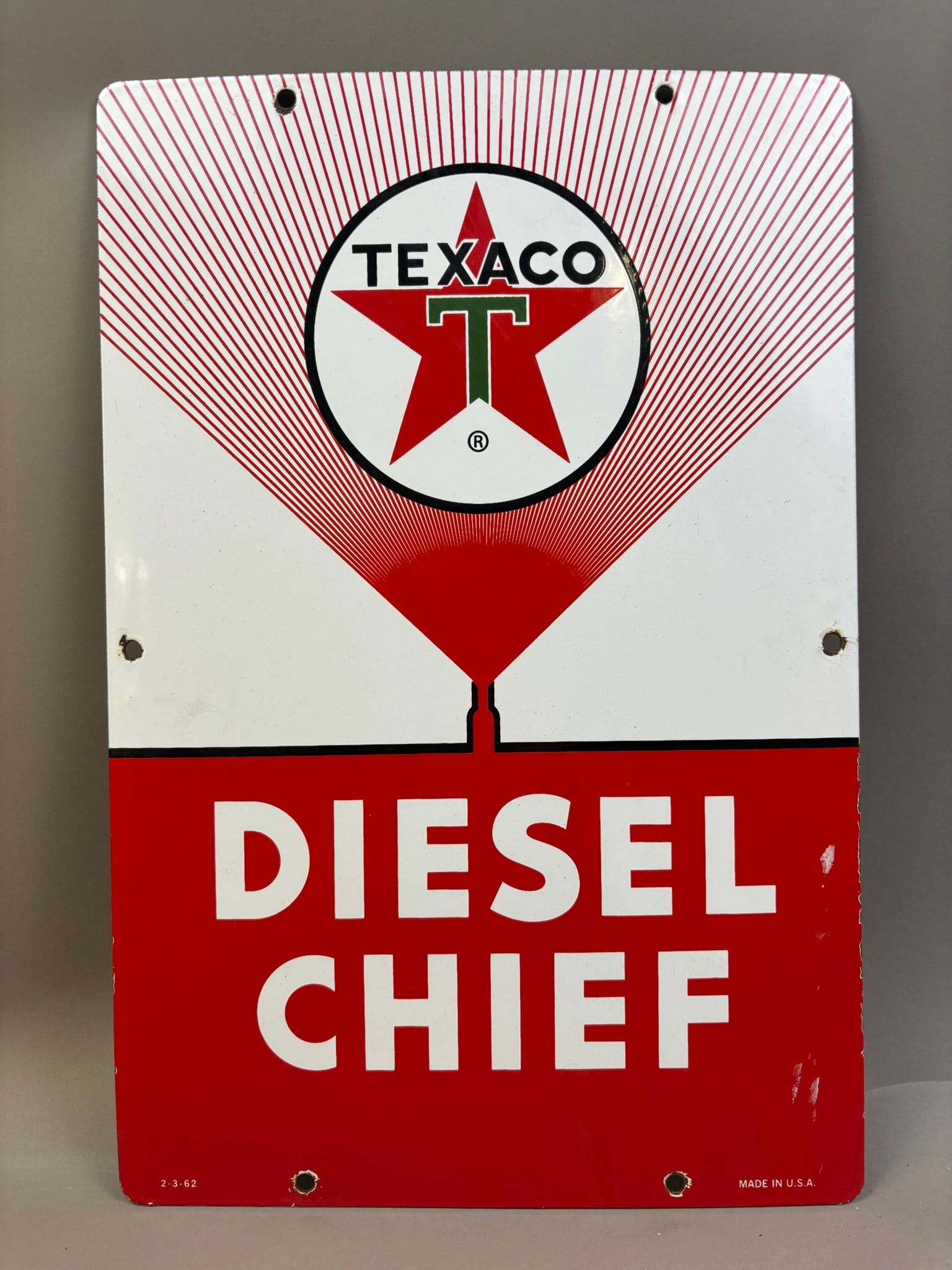 Diesel Chief 1962 SSP Porcelain Gas Pump Plate Sign: 18" x 12" - dated 2.3.62 bottom left