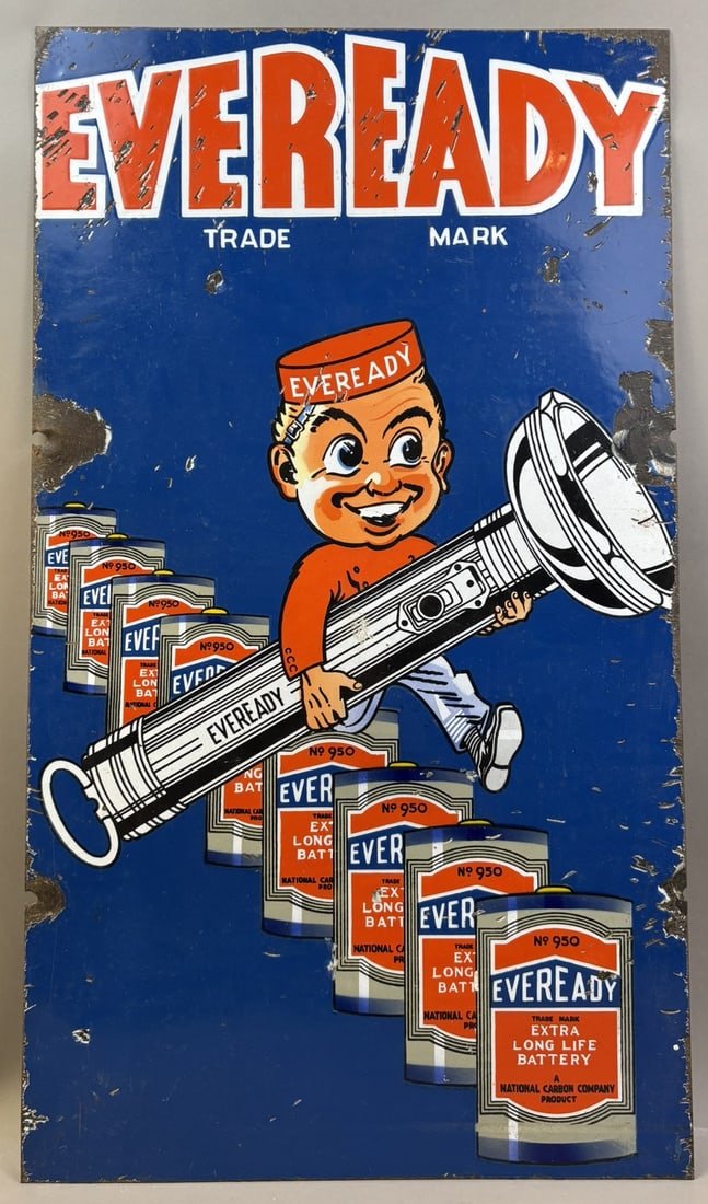 Eveready SSP Extra Long Life Battery Porcelain Store Sign: Measures 17.25" x 30.25" - see all photos - this sign appears to have been cut from the original 18" x 32" sign which would have had a small white border.
