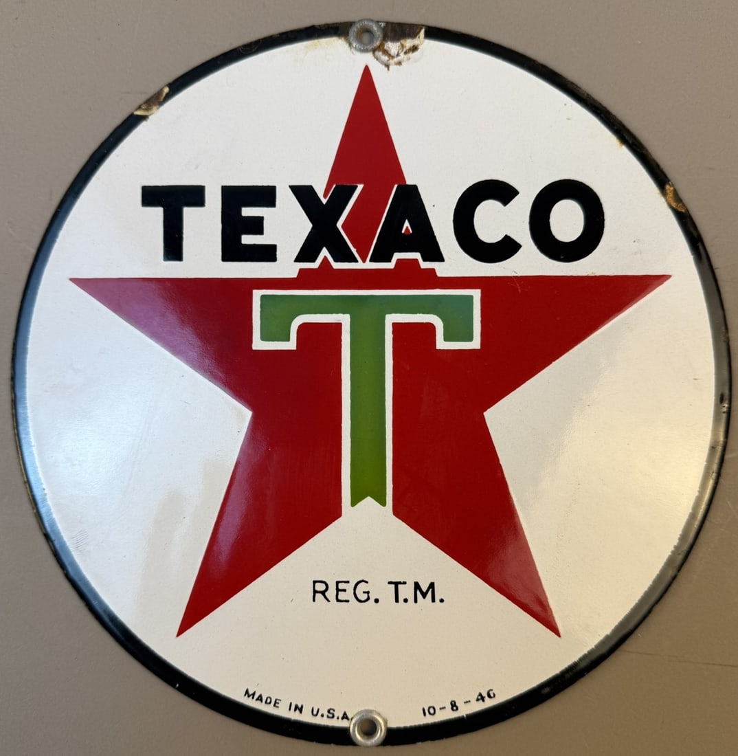 1946 Texaco SSP White T Oil Cart Porcelain Sign EX+ Cond (1 of 5)