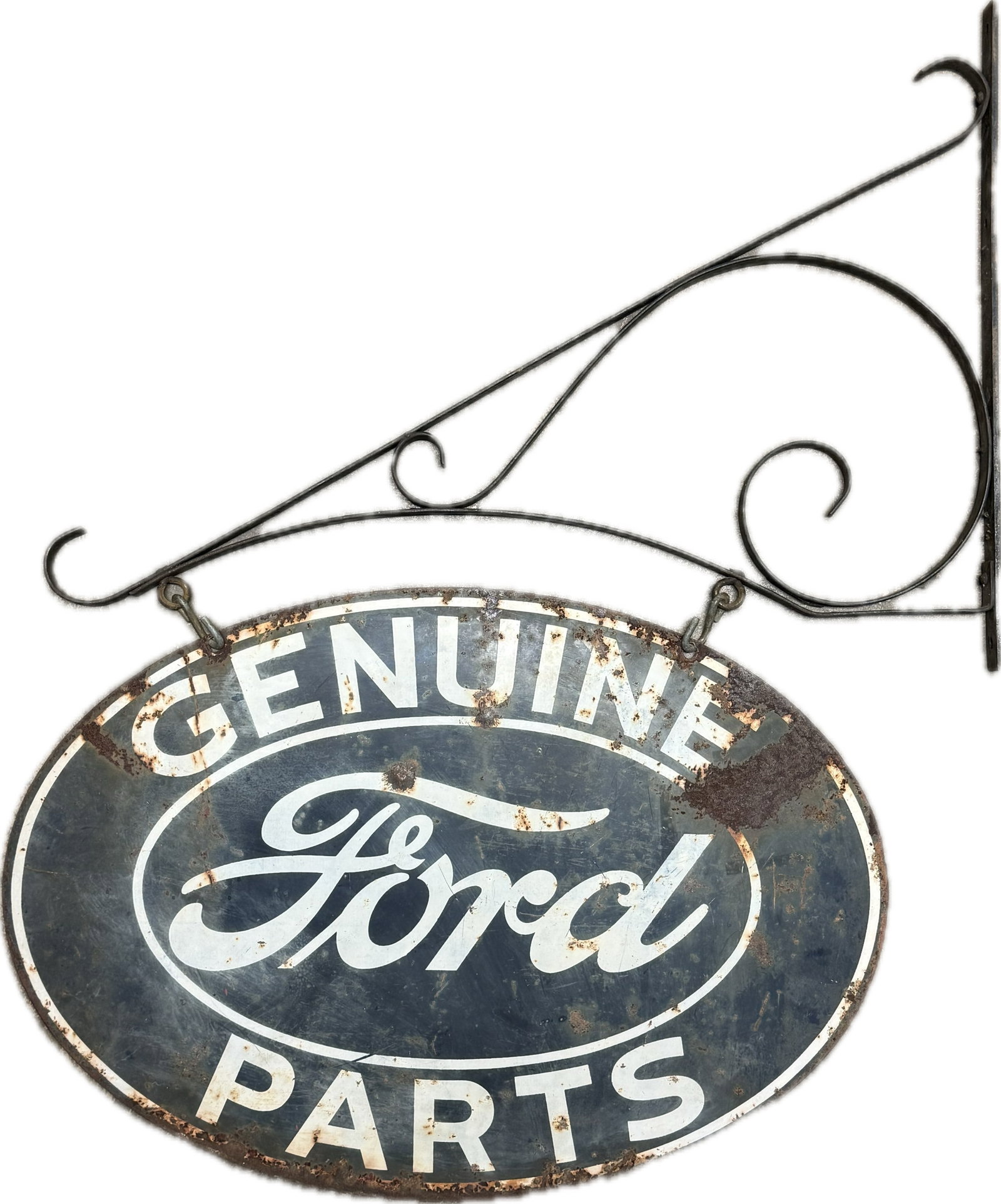 Genuine Ford Parts DST Painted Metal Sign w/ Original Hanger: Beautiful example of this seldome seen painted metal version. Wear as shown. Sign measures 24" wide x 16.5" tall - hanger is 26" wide off the wall and stands 18.5" tall on wall bracket.