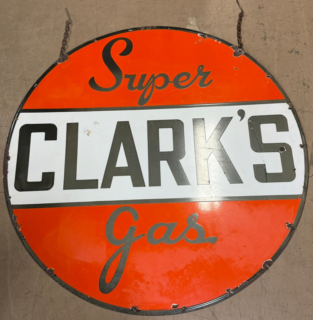 Clark's Super Gas 6' Porcelain Gas Station Advertising Sign: Here's one you will not have the privilege to buy for a very long time. Single sided porcelain Clark's Super Gas 6' Porcleain Service Station sign with original chain hangers from a northern michigan 