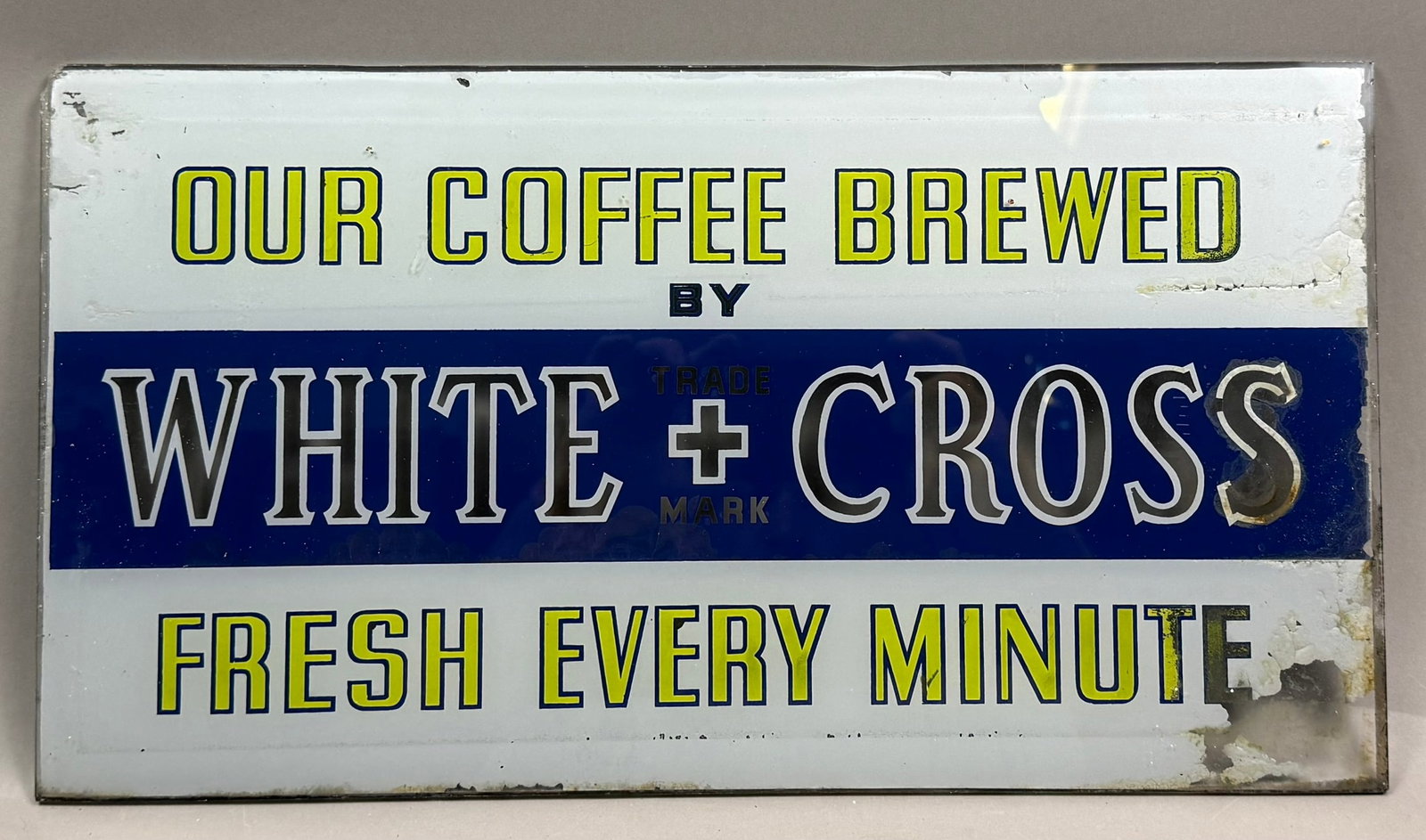 White Cross Coffee Brewed Reverse Painted Glass Sign: Great original white cross coffee sign. Measures 18" x 10" - flaking paint as shown, locked in but missing some.